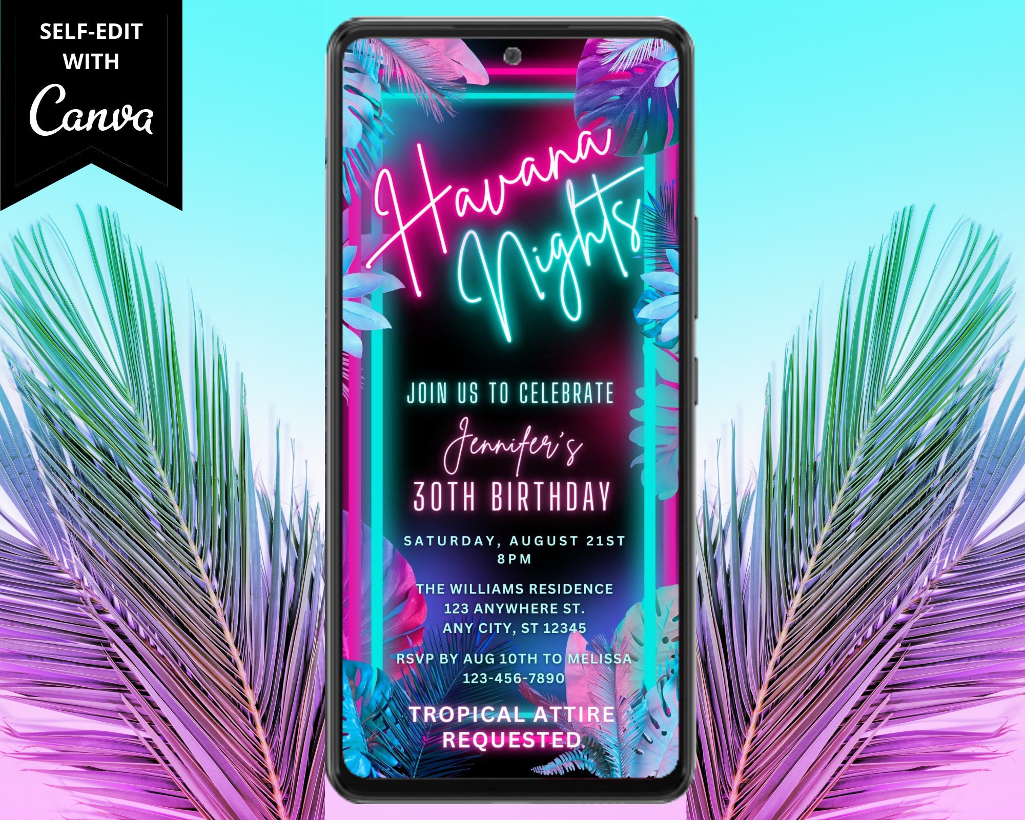 Digital Tropical Havana Nights Birthday Party Invitation Electronic Phone Text Email Evite Pink Teal Neon Instant Download