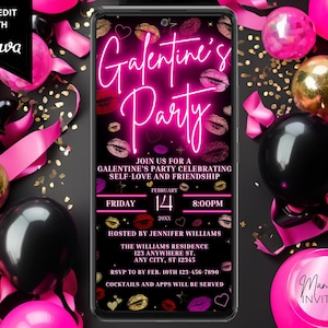 Digitale Galentine's Day Valentinstag Valentinstag Party Einladung, Pink Neon Lippenstift Küsse, Telefon Evite, bearbeitbare Canva Vorlage, Sofort Download