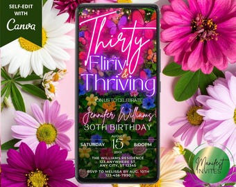 Digital Thirty Flirty & Thriving 30th Birthday Spring Party Invitation, Pink Purple Neon Colorful Floral Butterfly, Editable Canva Template