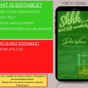 K&ouml;nnte beinhalten: Eine digitale Einladung in Gr&uuml;n und Schwarz f&uuml;r eine 40. Geburtstagsfeier. Die Einladung zeigt einen gr&uuml;nen Hintergrund mit einem schwarzen Telefonbildschirm, auf dem der Text "Shhh... erz&auml;hl es niemandem!" und "Bitte feiern Sie mit uns den 40. Geburtstag von Derek Williams" steht. Die Einladung enth&auml;lt auch das Datum, die Uhrzeit und den Ort der Party.