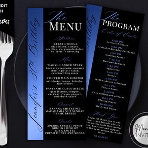 May include: Black and blue birthday menu and program cards with silver cutlery. The menu lists starters, main courses, desserts, and drinks. The program outlines the order of events for the celebration.