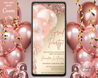 May include: A digital invitation for a graduation party with a pink and gold theme. The invitation features a photo of balloons and glitter with the text "Grad Party!" and the name "Jennifer Williams".