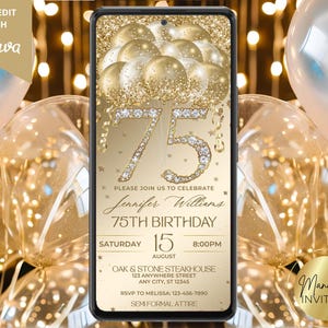 Elegant Gold 75th Birthday Party Digital Invitation, Glam Diamond Glitter Balloons, Birthday Dinner Evite, Editable Canva Template, WGB9