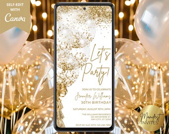 Digital Let&#39;s Party White Gold Balloons Birthday Invitation, Elegant Glam, Electronic Phone Evite, Editable Canva Template, Instant Download