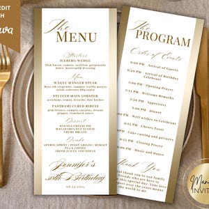 Menu modifiable moderne en or blanc et modèle de carte de programme d'événement, mot de remerciement, ordre de l'ordre du jour de l'événement, programme de la table, téléchargement immédiat