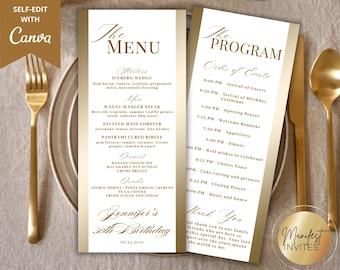Editable Modern White Gold Menu and Event Program Card Template, Thank You Note, Order of Event Agenda, Table Program, Instant Download