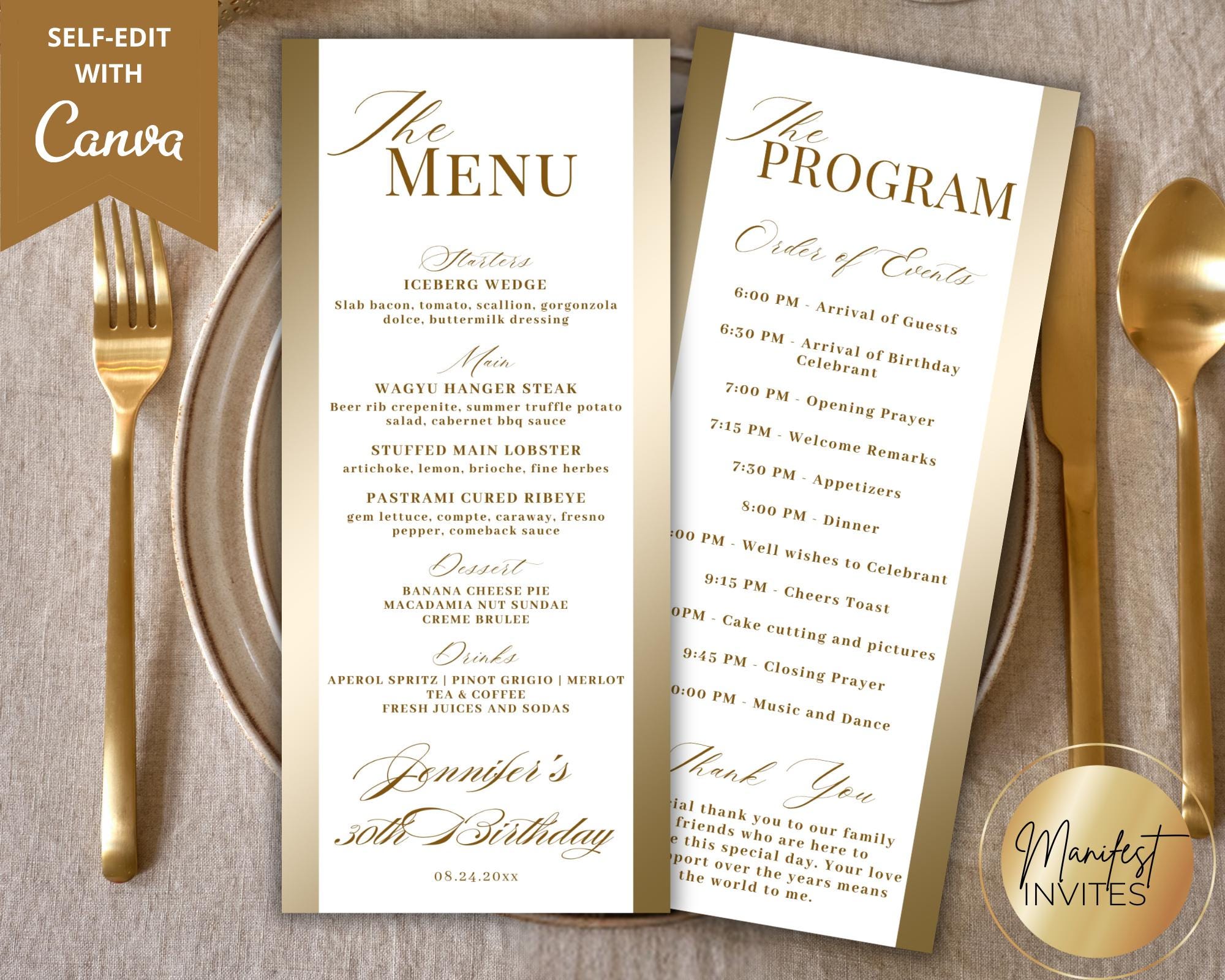 Event Menu Card Example Editable Modern White Gold Menu and Event Program Card Template, Thank ...