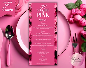 Editable Any Age Shades of Pink Birthday Dinner Menu Card Template, Floral Birthday Dinner Party and Drink Menu Card, Instant Download