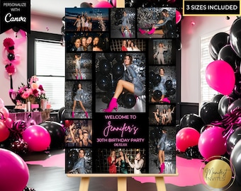 May include: A black and white photo collage poster with a neon pink welcome sign that says "Welcome to Jennifer's 30th Birthday Party 06.10.XX". The poster is decorated with black and silver glitter and features photos of people celebrating.
