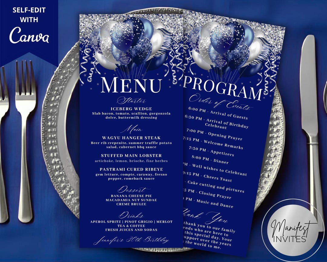 Editable Elegant Blue Silver Glitter Balloons Menu Program and Thank ...