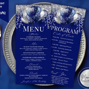May include: A navy blue menu and program card set with silver accents and balloon graphics. The menu lists starters, main courses, desserts, and drinks. The program outlines the order of events for a birthday celebration.