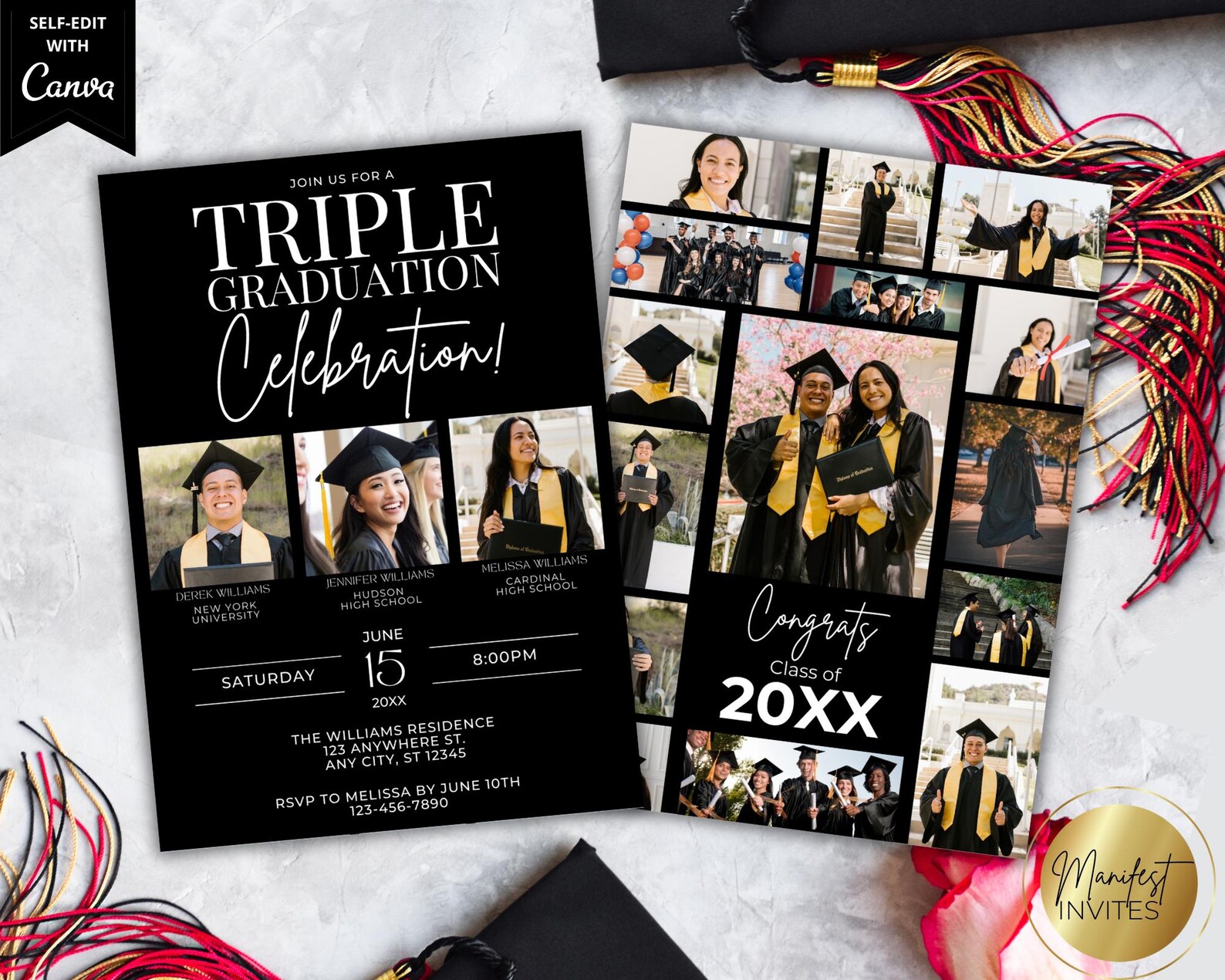 Triple Frame Graduation Editable Modern Triple Graduation Party Photo Invitation, 3 Person ...