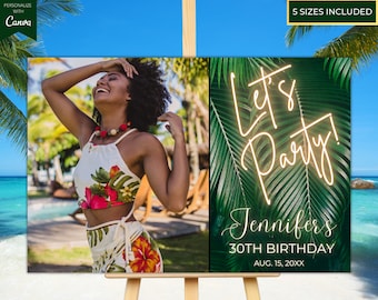 Editable Let's Party Photo Template Tropical Birthday Party Welcome Sign, Printable Poster, Gold Neon, Editable Template, Instant Download