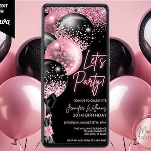 Digital Let&#39;s Party Pink Black Glitter Balloons Glam Birthday Invitation, Electronic Phone Evite, Editable Template, Instant Download, PB73