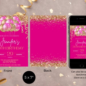Editable Hot Pink Gold Glitter Balloons Birthday Party Invitation ...