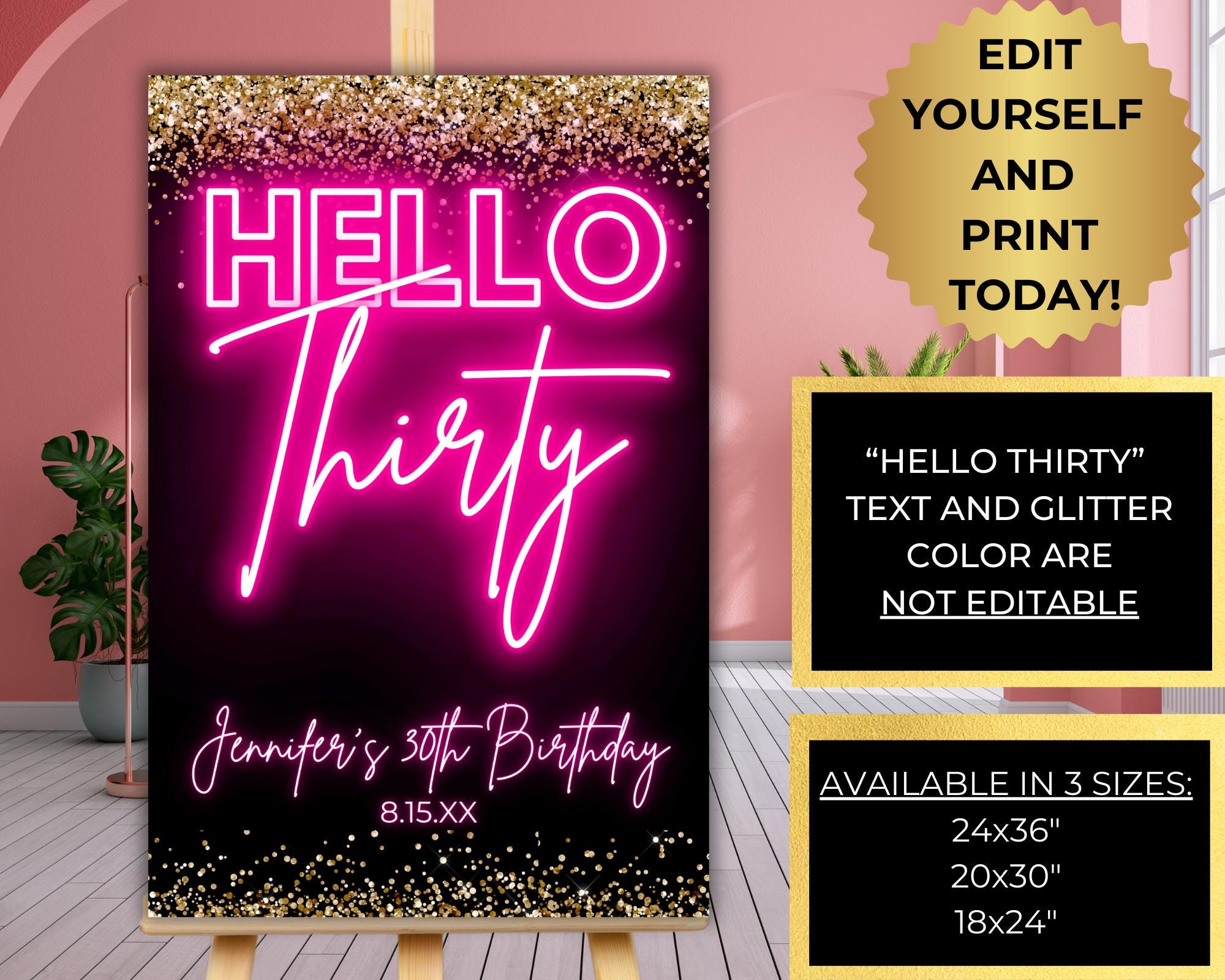 Editable Hello Thirty 30th Birthday Party Glam Welcome Sign Template ...