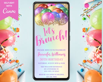 Digitale regenboog verjaardag brunch uitnodiging voor feest, elektronische telefoon tekstbericht Evite, laten we brunch, bewerkbare sjabloon, Instant Download