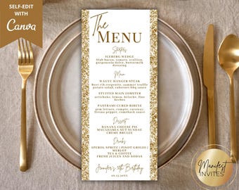 編集可能な華やかなホワイトゴールドのグリッターディナーメニューとドリンクカード、エレガントな誕生日ディナーテーブルデコレーション、印刷可能なCanvaテンプレート、すぐにダウンロードできます