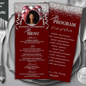 Bewerkbare afbeelding roodzilveren glitterballonnen Menu- en programmakaartsjabloon, afdrukbare evenementmenu borrelkaart, verjaardagsdiner tafelmenu