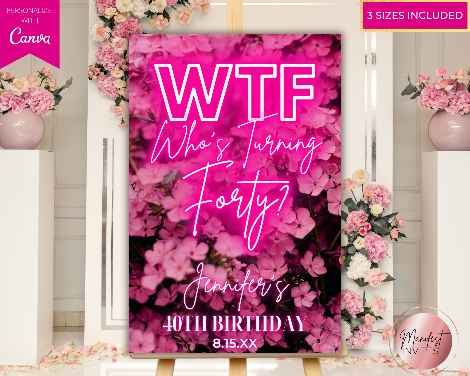 Printable WTF Forty 40th Birthday Party Pink Floral Welcome Entrance Sign, Birthday Decoration, Editable Template, Instant Download, PF01