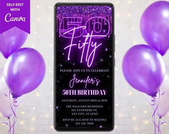 Digital Fifty 50th Birthday Party Invitation, Electronic Text Message Evite, Neon Purple Glitter Drip, Editable Template, Instant Download