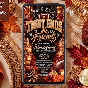 Digitale Einladung für „Tight Ends and Friends“, Einladung zur Friendsgiving-Footballparty, Einladung zum Thanksgiving-Dinner, bearbeitbare Canva-Vorlage