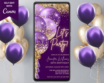 Digital Purple Gold Balloons Birthday Party Invitation, Electronic Birthday Invite, Editable Template, Mobile Evite, Instant Download