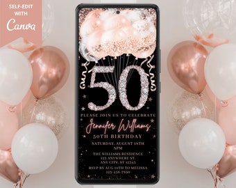 Digital 50th Birthday Pink Rose Gold Diamond Balloons Party Invitation, Electronic Phone Evite, Editable Template, Instant Download, RGB3