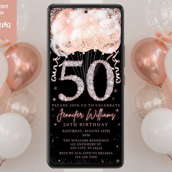 Digital 50th Birthday Pink Rose Gold Diamond Balloons Party Invitation, Electronic Phone Evite, Editable Template, Instant Download, RGB3