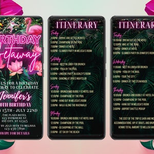 Electronic Tropical Birthday Getaway Pink Neon Trip Itinerary Invitation, 7 Day Trip, Digital Schedule, Editable Template, Instant Download