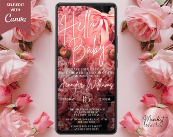 May include: Pink floral baby shower invitation with the text "Hello Baby" in white script. The invitation includes details for the event, including the date, time, location, and RSVP information. The text "Manifest Invites" is in the bottom right corner.
