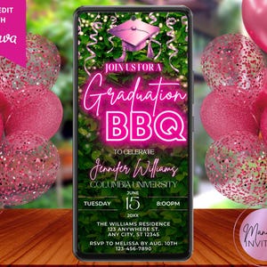 May include: Pink and white graduation party invitation with a neon pink sign that says "Graduation BBQ" and a pink graduation cap. The invitation is for Jennifer Williams, Columbia University, on Tuesday, June 15th at 8:00 PM. The Williams Residence is located at 123 Anywhere St., Any City, ST 12345. RSVP to Melissa by August 10th at 123-456-7890.