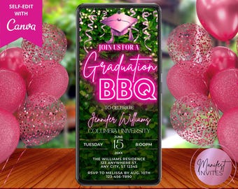 Digital Graduation BBQ Party Invitation, Pink Neon Greenery, Backyard Party, School Party, Text Evite, Editable Template, Instant Download