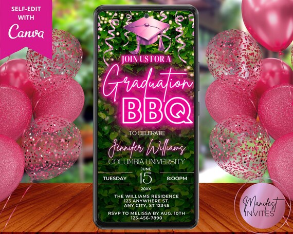 Digital Graduation BBQ Party Invitation, Pink Neon Greenery, Backyard Party, School Party, Text Evite, Editable Template, Instant Download