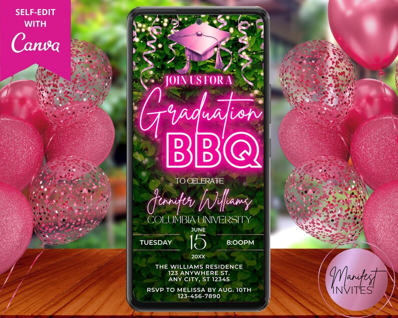 May include: Pink and white graduation party invitation with a neon pink sign that says "Graduation BBQ" and a pink graduation cap. The invitation is for Jennifer Williams, Columbia University, on Tuesday, June 15th at 8:00 PM. The Williams Residence is located at 123 Anywhere St., Any City, ST 12345. RSVP to Melissa by August 10th at 123-456-7890.