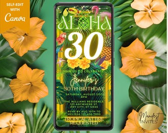 May include: A tropical-themed 30th birthday party invitation with a gold glitter font. The invitation features a pineapple, a flamingo, and a toucan. The text reads "Aloha 30 Jennifer's 30th Birthday Saturday, August 21st 8PM The Williams Residence 123 Anywhere St. Any City, ST 12345 RSVP by Aug 10th to Melissa 123-456-7890 Tropical Attire Requested"
