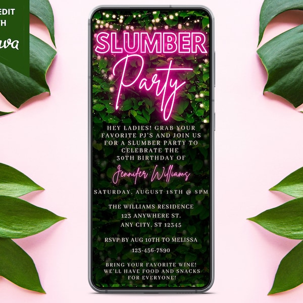 Digital Slumber Party Birthday Invitation, Electronic Birthday Party Invite, Pink Neon Greenery, Evite, Editable Template, Instant Download