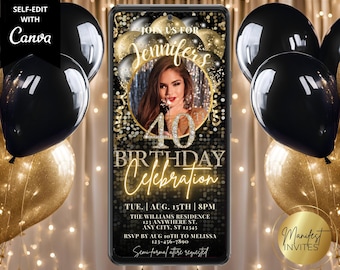 Digital Elegant 40th Birthday Black Gold Balloons Photo Party Invitation, Electronic Evite, Editable Canva Template, Instant Download, BP98