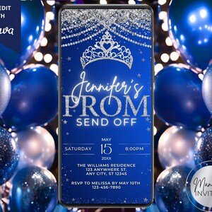 Digital Prom Send Off Blue Silver Crown Diamonds Party Invitation, Electronic Phone Evite, Grad Party, Editable Template, Instant Download