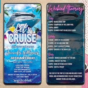Digital Tropical Cruise Birthday Itinerary Invitation, Electronic Phone Text Message Evite, 3 Day Trip, Editable Template, Instant Download