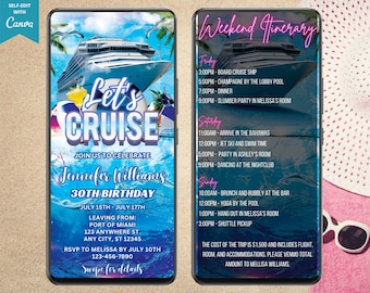 Digital Tropical Cruise Birthday Itinerary Invitation, Electronic Phone Text Message Evite, 3 Day Trip, Editable Template, Instant Download