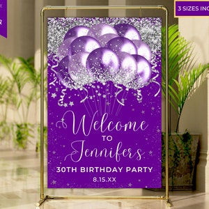 Printable Purple Silver Glitter Balloons Welcome Sign, Birthday Party Sign, Graduation, Entrance Sign, Editable Template, Instant Download