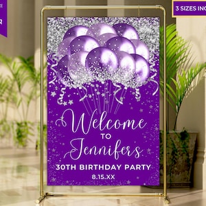 Palloncini glitter argento viola stampabili Cartello di benvenuto, cartello per festa di compleanno, laurea, cartello di ingresso, modello modificabile, download istantaneo