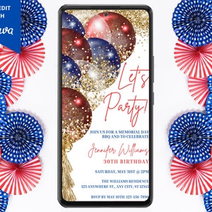 Digital Patriotic Birthday Party Invitation, Electronic Text Evite, Memorial Day, 4th July, Labor Day, Editable Template, Instant Download