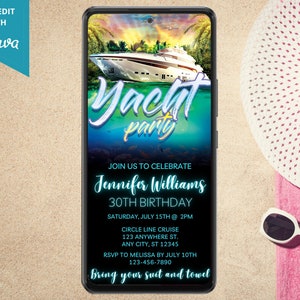 Digital Tropical Yacht Birthday Party Invitation, Electronic Phone Text Message Evite, Boat Party, Editable Template, Instant Download