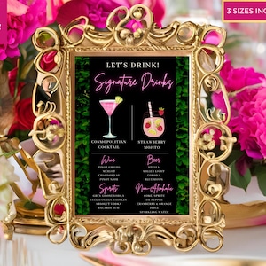 Edytowalny podpis drinków, drukowany podpis koktajlowy, menu baru, różowa neonowa zieleń, edytowalny szablon, natychmiastowe pobranie