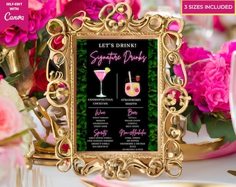 Editable Signature Drinks Sign Menu, Printable Signature Cocktail Sign, Bar Menu, Pink Neon Greenery, Editable Template, Instant Download