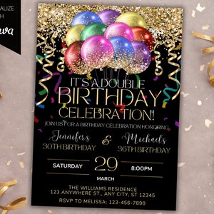 Modèle d'invitation de ballon à paillettes dorées arc-en-ciel, double anniversaire, édition mixte, carte imprimable et texte de téléphone Evite, téléchargement immédiat