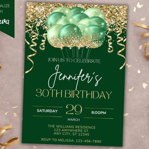 Convite para festa de aniversário com balões brilhantes dourados verdes editáveis, cartão para impressão e texto de telefone Evite, modelo editável, download instantâneo