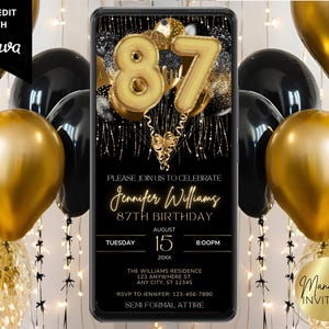 Digital 87th Birthday Party Invitation, Black and Gold Balloons, Adult Invite, Electronic Evite, Editable Template, Instant Download, BG43